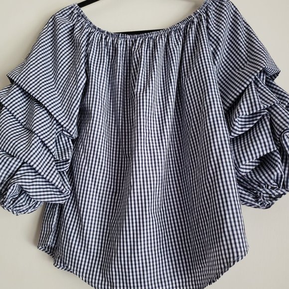 Kontrol Contemporary Tops - Navy Blue & White Contemporary Checkered Women's Top, Size M, New!